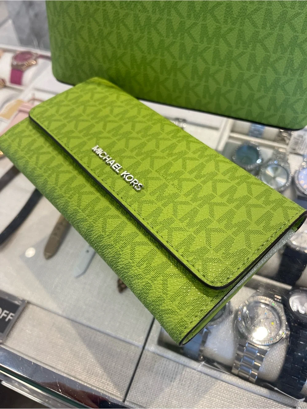 Michael KORS Jet Set Large Signature Logo Tri-Fold Wallet Trifold Lime NWT